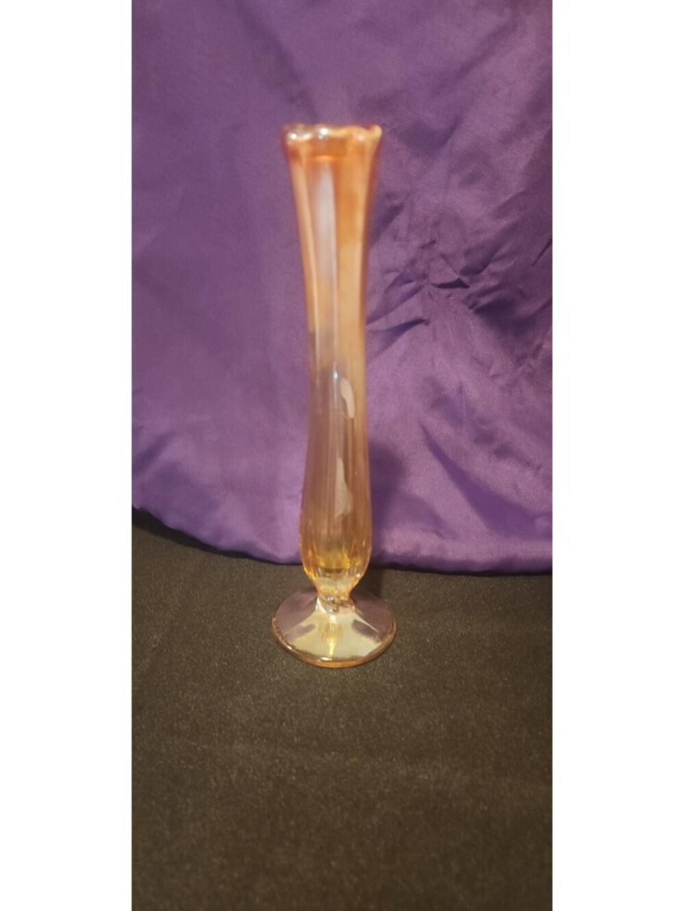 Antique Dugan Carnival Glass Thin Rib Bud Vase Marigold 8" Swung Iridescent